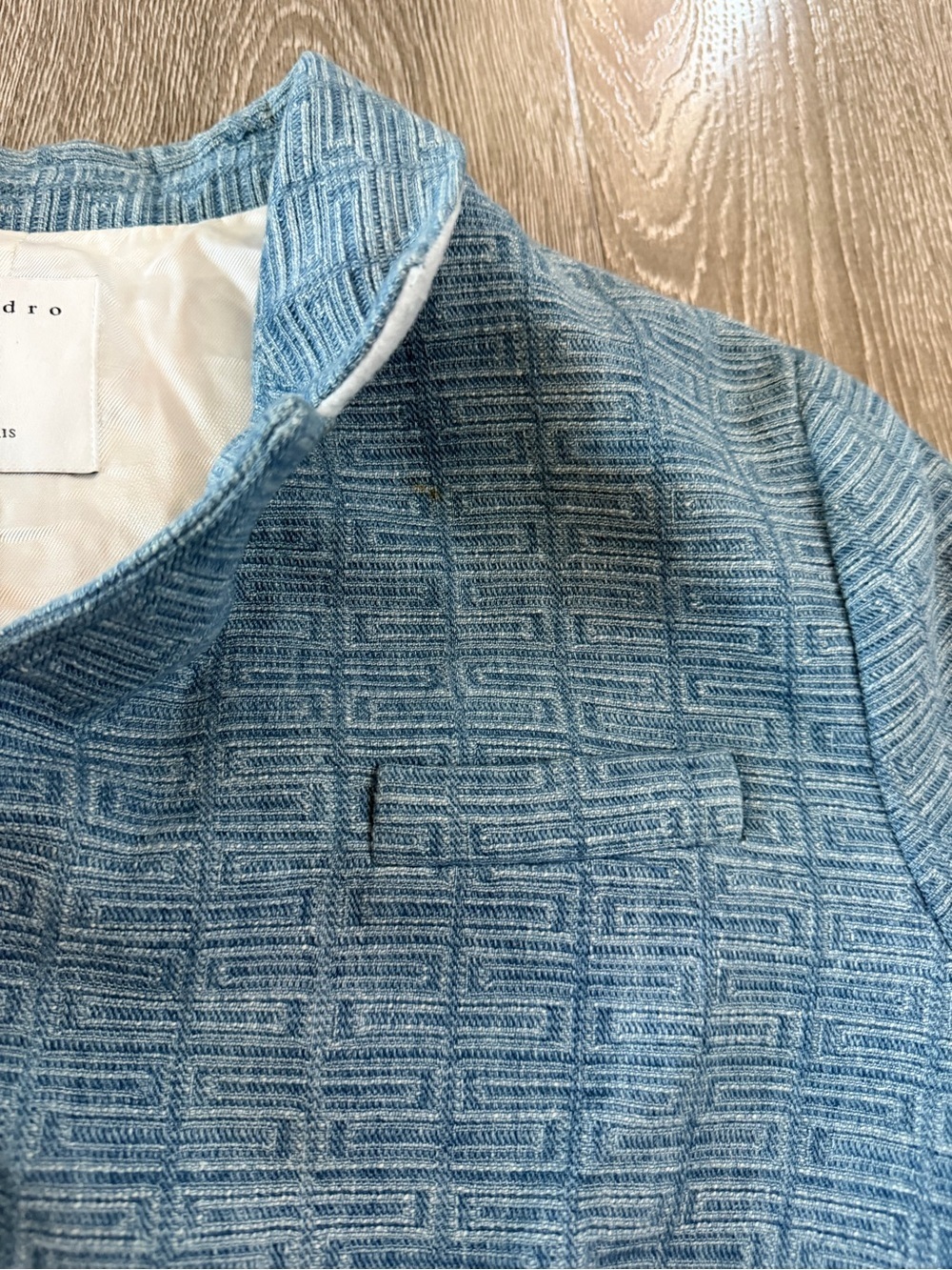 Vintage Sandro Paris Blue Jacquard Blazer EU 42 Gold Button Designer Jacket - Picture 6 of 10